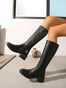 Black Square Toe Chunky Heel Straight Shaft Tall Riding Boots, Black Fine Soft PU Leather, Square Toe, Thick Square Chunky Heel, Straight Shaft Tall Design, Wide Shaft Circumference, Smooth Shaft, Back Zipper Closure, Minimalist Commuter Style - Black - View 2