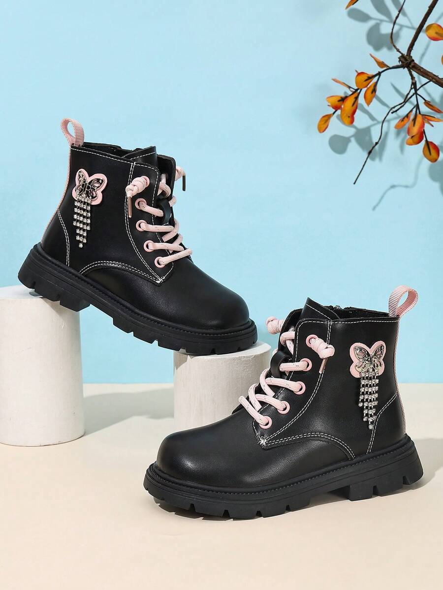 Children's Black Butterfly Tassel Ankle Boots, New Style Girls' Boots - Black - View 1