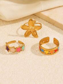 3pcs Stainless Steel Gold Color Personalized Versatile Cute Geometric Colorful Heart Flower Star Rings Set Suitable For Women Daily Holiday Date Wear - Multicolor - View 4