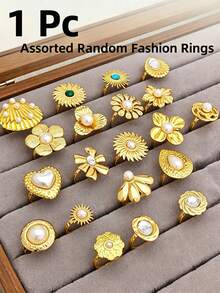 1-6Pcs Random Adjustable Stackable Rings Set, Gold Tone Flower Open Band Finger Rings For Women, Daily Party Jewelry Gift - Gold - View 9