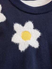 Sweater Rajut Pendek Lengan Panjang Leher Bulat Motif Bunga Warna Polos Elegan untuk Anak Perempuan Remaja, Cocok untuk Pakaian Kasual Sehari-hari di Musim Semi, Gugur, dan Dingin - Navy Blue - View 6