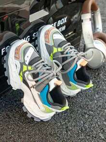 1 Pair Kids' Unisex Colorblock Chunky Sneakers, Lace-Up & Hook-And-Loop Closure, Thick Sole Anti-Slip Wear-Resistant Casual Running Sneakers - Light Grey - View 4