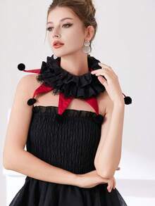 Women's Fashion Detachable Fake Collar, Decorative Accessory, Black & Red Contrast Ruffle Lace Pom Pom Clown Pointed Fake Collar, Suitable For Evening Gown, Dress, Party Outfit, Halloween Carnival, Cosplay, Theme Party, Stage Performance - Color as Shown In Picture - View 4