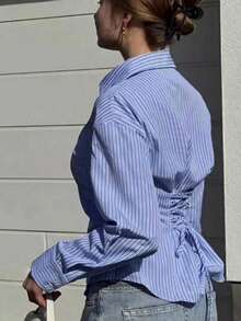 Striped Polyester Back Tie Shirt For Office, Daily Wear, Date, Airport, Travel, Home, Spring, Autumn, Winter - Sky Blue - View 1