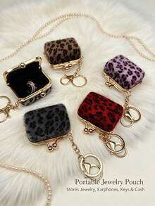 1pc Flocked Leopard Print Mini Jewelry Storage Bag, Portable Coin Purse Earphone Bag, Mini Travel Ring Box Travel Jewelry Box Cosmetic Storage Box, Women's Earring/Ring/Necklace/Bracelet Storage Box, Mini Wallet - Flocked Leopard Print Jewelry Box - View 2