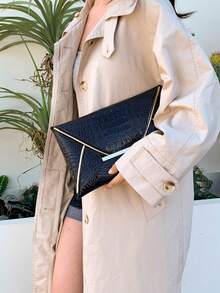 Crocodile Texture Stone Texture Minimalist Fashion Casual PU Solid Color Clutch Bag Envelope Bag - Black - View 7