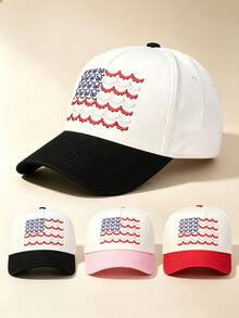 1pc Unisex Two‑Tone Curved Brim Baseball Cap, Wavy Ruffle US Flag Embroidery, Contrast Color Brim, Adjustable, For Holiday, Daily, Outdoor,Travel Wear - Multicolor - View 2
