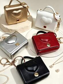 1pc Faux Leather Heart-Shaped Mini Jewelry Storage Bag, Portable Earphone Bag Keychain Hanging, Mini Travel Ring Box Travel Jewelry Box Cosmetic Storage Box, Women's Earring/Ring/Necklace/Bracelet Storage Box, Mini Wallet, Birthday Gift - Heart-shaped Solid Color Small Bag - View 4