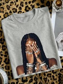 Women's Plus-Size Fashionable And Versatile Crew Neck Sweatshirt, Portrait Graphic Print, A Casual And Streetwear Top For Autumn And Winter. - Grey - View 3