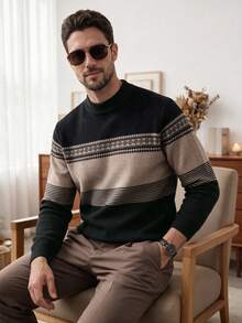 Jersey grueso de punto con estampado para hombre, estilo británico casual para ir al trabajo, talla pequeña - Negro - Ver 3