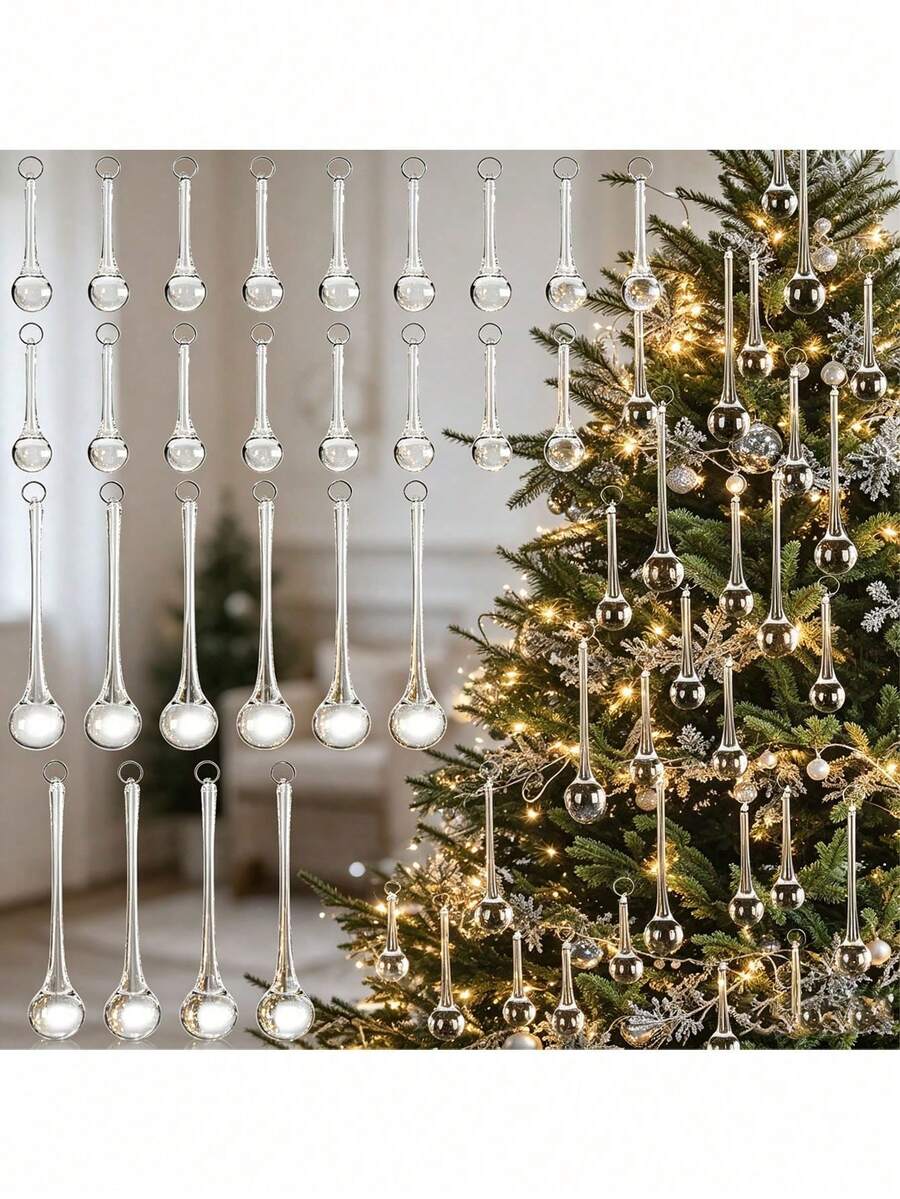 1/6/12/24pcs Christmas Transparent Glass Water Drop Hanging Decor, Raindrop Crystal Pendant Ornament, Chandelier Pendant, Christmas Tree Winter Party Home Decoration - Multicolor - View 1