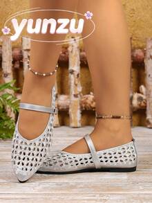 Silver Hollow Embroidery Mary Jane Women's Shoes, Pointed Toe Single Strap Low Vamp Flat Shoes, Breathable Versatile Commuter Shoes For Spring And Summer - Silver - View 5