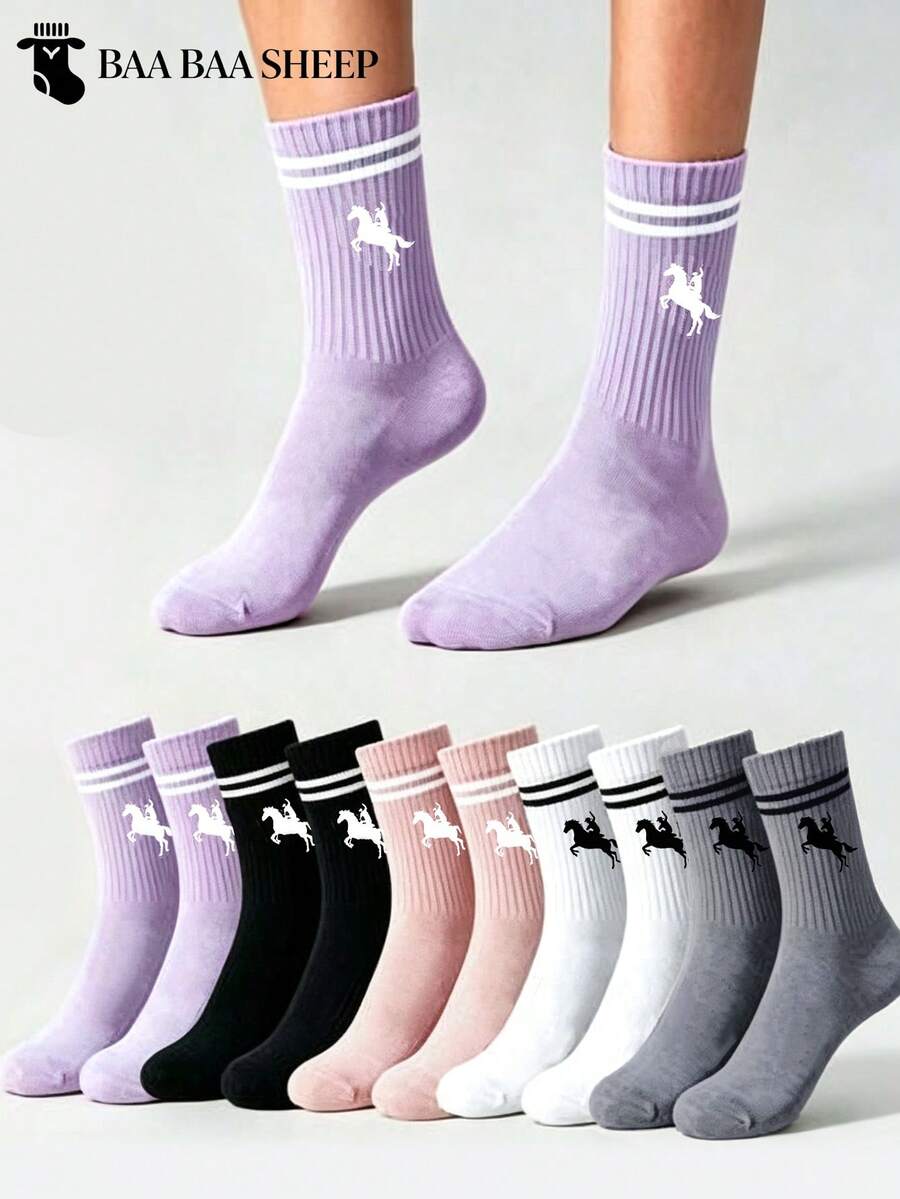 5 Pairs Random Women's Solid Color Letter Stripe Mid-Calf Socks, Sweat-Absorbent Breathable Sports Socks, Suitable For Fitness, Running, Travel And Daily Wear, College Style Matching - Multicolor - View 1