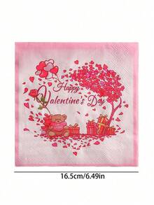 20pcs Valentine's Day Bear Heart Tree Printed Napkins, Colorful Romantic Party Holiday Table Decor - Printed - View 4