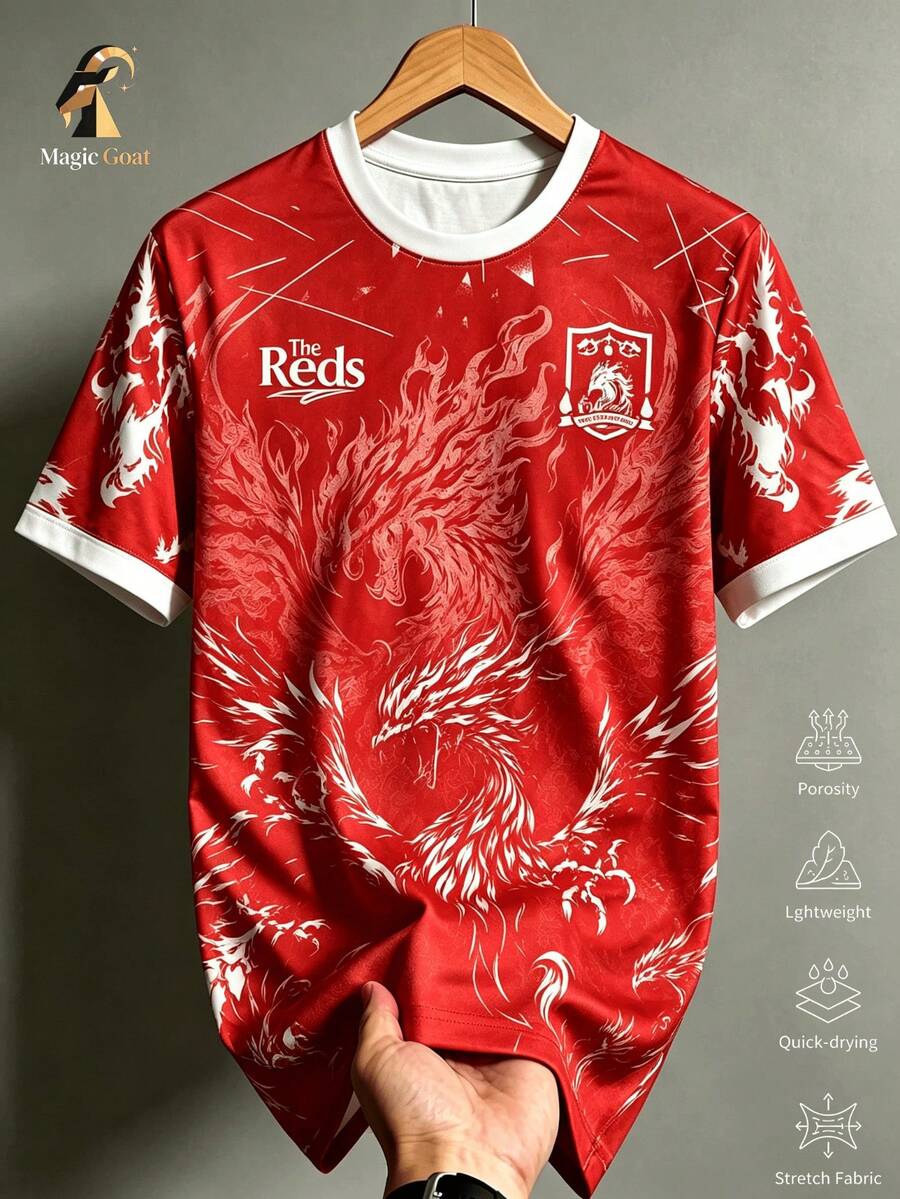 Men's Liverpool Phoenix Print Football Jersey, Moisture-Wicking Quick-Dry Breathable Short Sleeve Soccer Shirt, Suitable For Training, Matches, Daily Wear, Gift