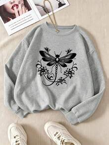 Plus-Size Women's Crew Neck Sweatshirt With Dragonfly And Flower Print, Casual And Simple, Suitable For Autumn And Winter Wear, Women's Top. - Grey - View 1