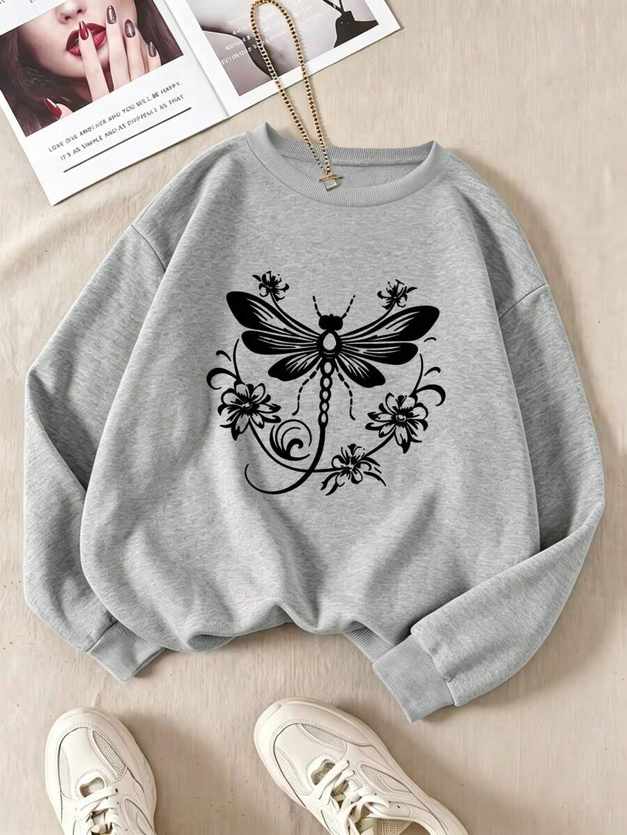 Plus-Size Women's Crew Neck Sweatshirt With Dragonfly And Flower Print, Casual And Simple, Suitable For Autumn And Winter Wear, Women's Top. - Grey - View 1