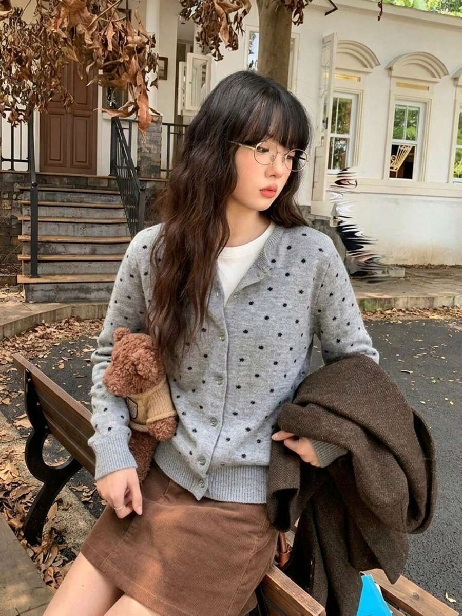 波點女款春季長袖休閒開襟針織外套背心 - 灰色 - 查看 1