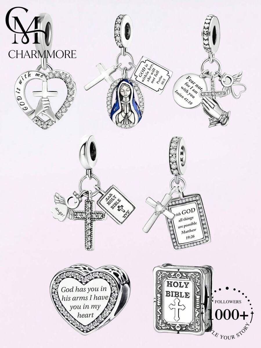 1pc Bible Prayer Cross Series Beaded Pendant, Suitable For DIY Bracelet Women's Jewelry - Silver - View 1