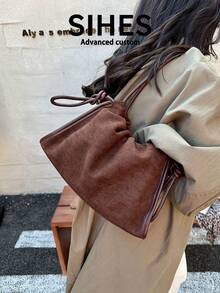 1pc Solid Color Suede Velvet New Women's Backpack, Shoulder Bag, Crossbody Bag, Fashion Large Capacity Bucket Bag, Suitable For Commuting, Shopping, Dating, Shopping - Coffee - View 8