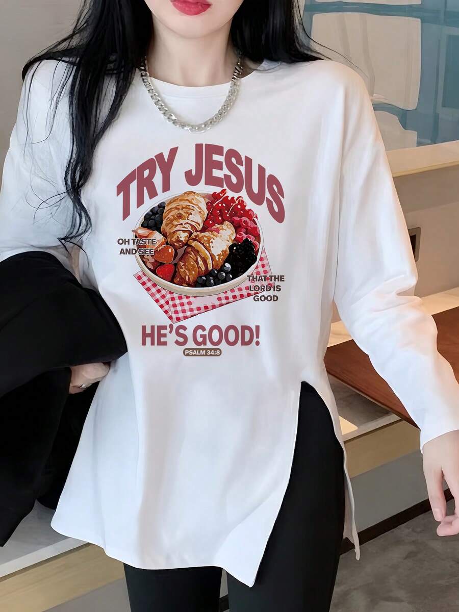 Women's Oversized Long Sleeve T-Shirt With Fun Food Illustration And Letter Print, Casual Versatile Inner Layer Top For Autumn - White - View 1