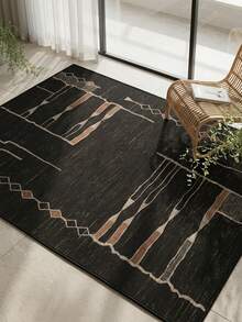 1PC Black Base Red Brown Beige Geometric Line Pattern Modern Minimalist Abstract Rug, Vintage Faux Cashmere Rectangular Area Rug With Draping Geometric Lines And Diamond Jagged Border Details, Machine Washable, Suitable For Living Room Bedroom Balcony, All Season Home Decor - Multicolor - View 2
