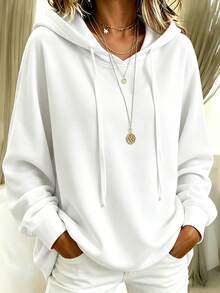 Basic Casual Women's Plus Size Drawstring Hooded Sweatshirt - White - View 1
