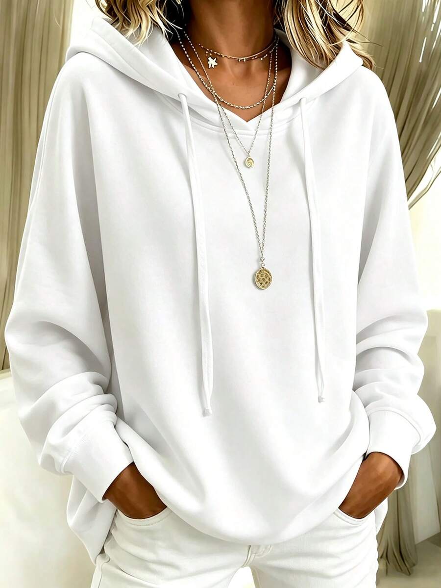Basic Casual Women's Plus Size Drawstring Hooded Sweatshirt - White - View 1