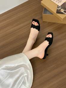 Sandal Selop Romantis Bergaya Vintage, Sandal Hak Tipis Ujung Persegi Berenda Warna Nude untuk Perjalanan Belanja Akhir Pekan - Hitam - View 6