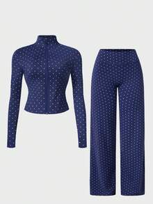 NcmRyu Women's One Set Polka Dot Stand Collar Long Sleeve Zipper Jacket & Straight Wide Leg Pants - Navy Blue - View 3