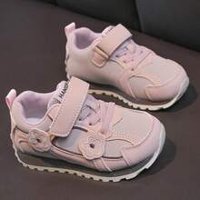 Girls' Floral Decor Hook & Loop Sneakers, Non-Slip Soft Sole Breathable Mesh, Suitable For Dresses And Casual Pants, Perfect For Outings, School And Daily Wear - Pink - View 3