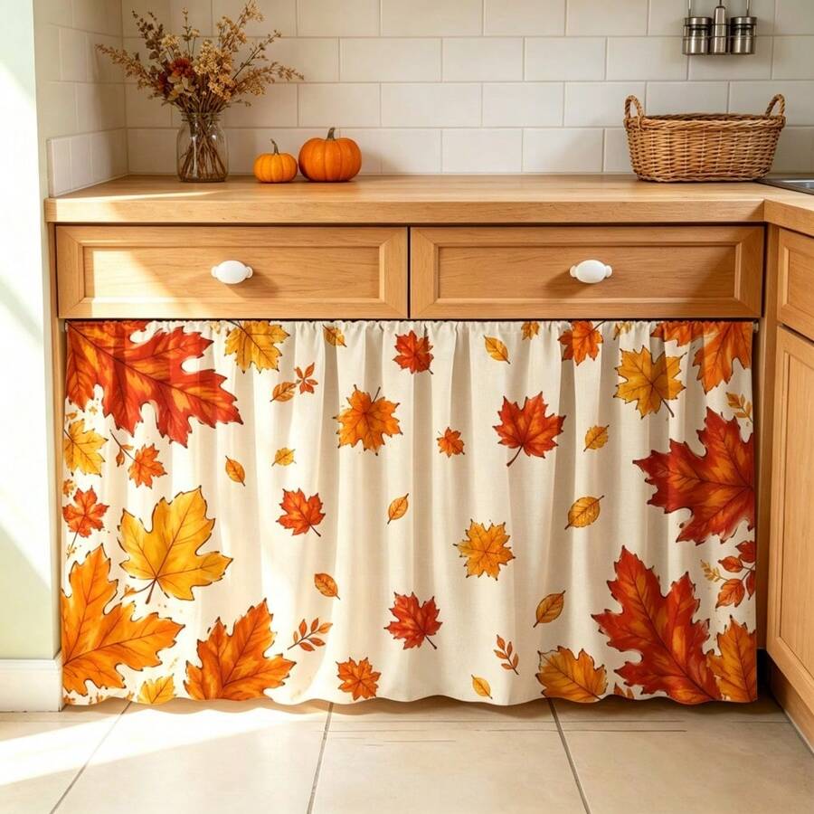 1PC White Autumn Maple Leaf Printed Kitchen Cabinet Curtain, Featuring Scattered Maple Leaf Patterns, 2D Flat Printing, Perfect For Autumn Thanksgiving Decorations, And Suitable For Kitchen Shelves And Cabinet Covers - Multicolor - View 1