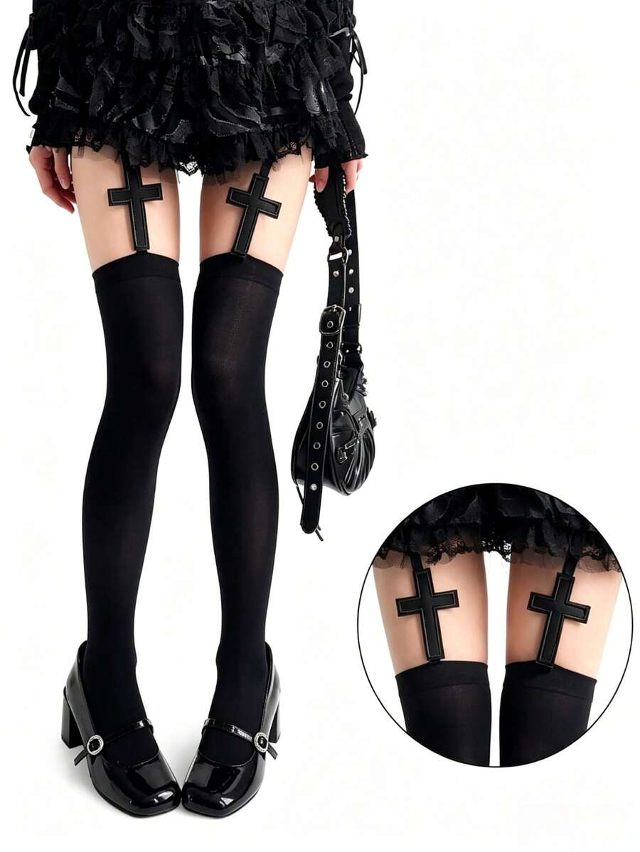 1 Pair Women's Gothic Cross Thigh High Over-The-Knee Socks, Punk Dark Style, Suitable For Cosplay, Party, Streetwear And Daily Wear - Multicolor - View 1
