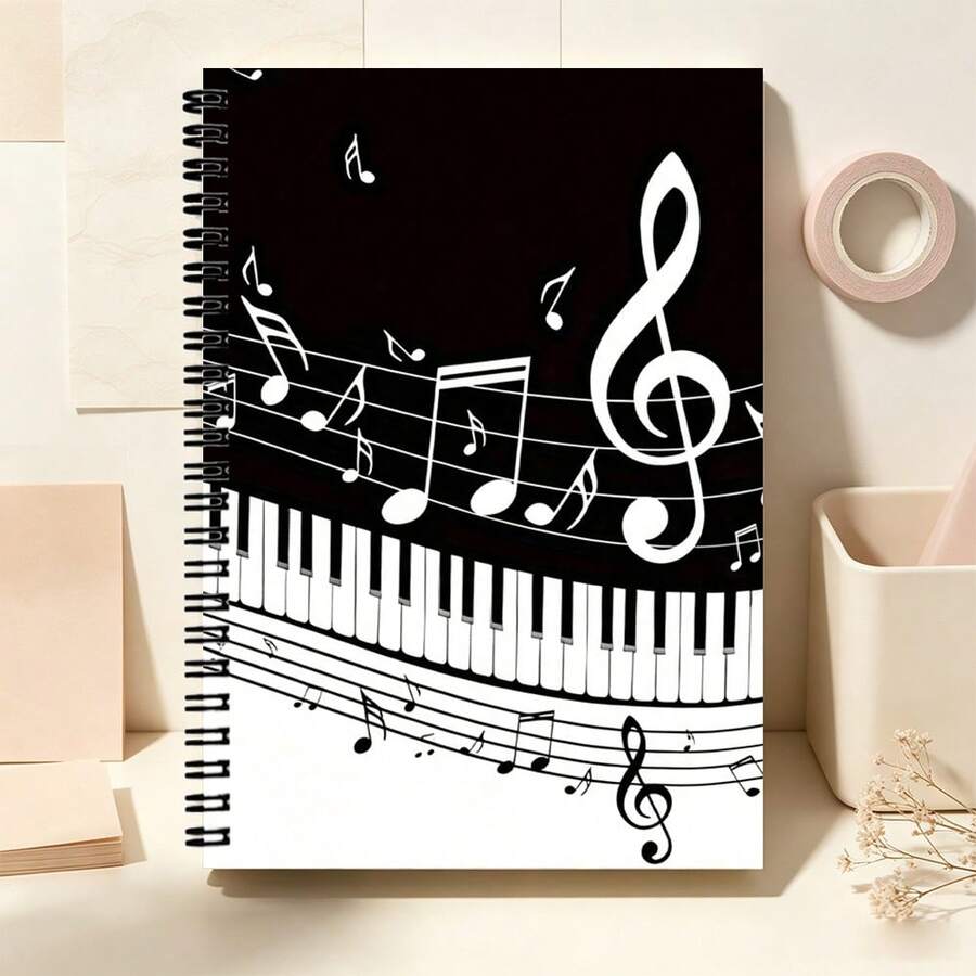 Piano Keys And Musical Notes Spiral Bound Notebook - Black And White Treble Clef Staff Print Coil Notebook, A5 Music Style Notepad, Suitable As Stationery Gift For Music Lovers - Lined Book - View 1