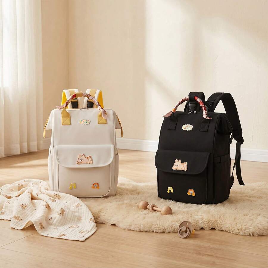 1pc Solid Color Decorative Nylon Handbag With Silk Scarf, Front Fabric Patch, Inner Baby Bottle Pocket, Wide Shoulder Strap, Large Capacity, Suitable For Moms' Daily Baby Care