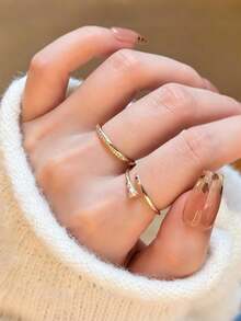 Set Cincin Kuku Tipis Ultra Tipis Mewah Berkilau Rhinestone Kelas Atas (2 buah), Desain Niche Minimalis Zirkonia, Cocok untuk Pemakaian Sehari-hari Wanita, Hadiah Istimewa untuk Keluarga dan Teman - Emas - View 3