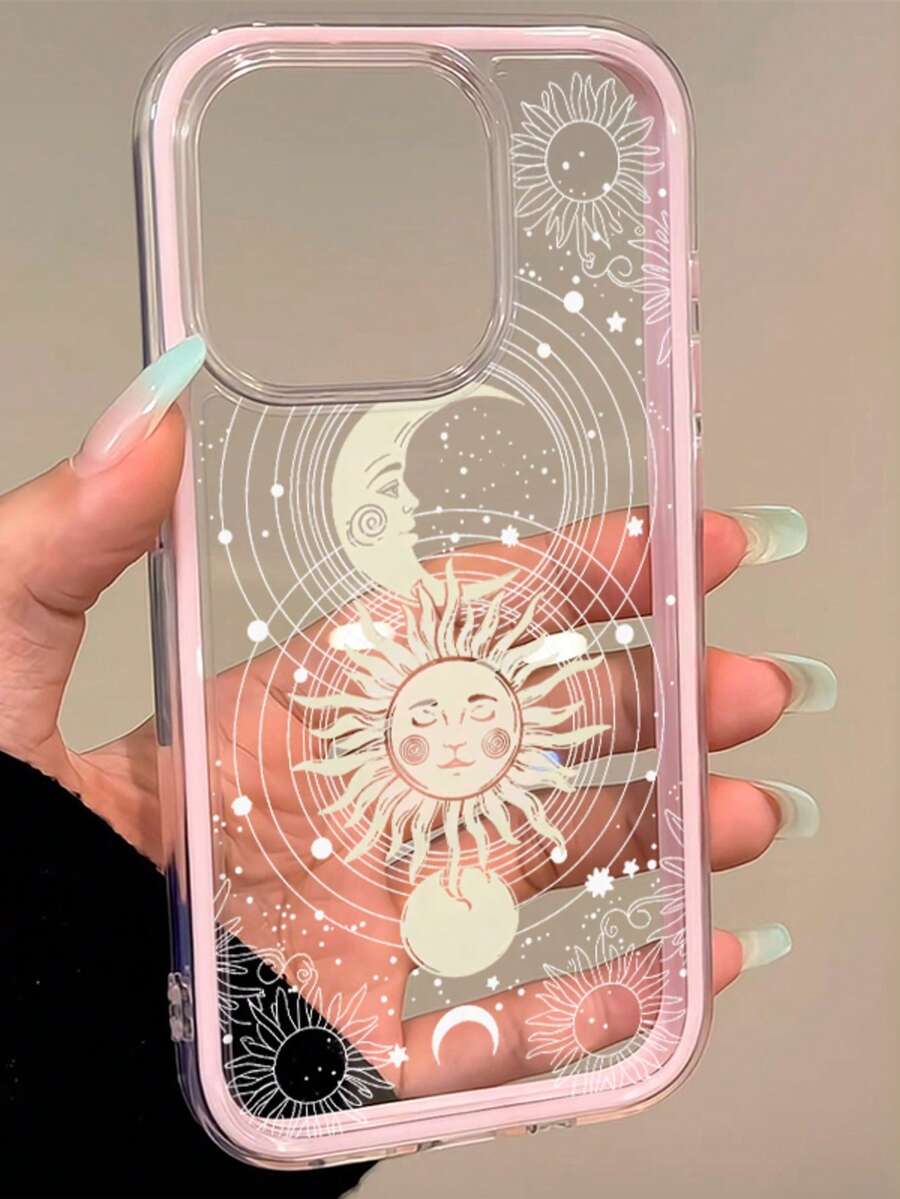 1件黃色月亮太陽星星美學圖案粉色邊框 2合1 透明全包覆 TPU 防震時尚手機殼,適用於 iPhone 11 12 13 14 15 16 17 18 Pro Max A56/55/54/53/52/51 S26/25/24/23/22/21 Ultra 系列防震保護殼(國際版,非國內版) - 彩色 - 查看 1