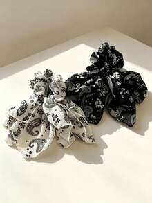 2pcs Women's Vintage Paisley Flower Ribbon Scrunchies, Autumn/Winter Soft Atmosphere Hair Ties - Multicolor - View 5