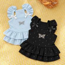 Butterfly Dog Dress With Bow Detail, Ruffle Shoulder Strap Pet Dress With Shiny Decoration And Double Layer Ruffle Hem - Blue - View 5