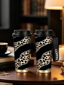 時尚保溫咖啡杯 1個 350ml，情人節不鏽鋼保溫咖啡杯，豹紋設計，附「COFFEE」字母掛繩，美觀實用，滿足日常使用需求，適合個人使用或作為禮物，節日禮物、聖誕禮物，適用於各種場合 - 彩色 - 查看 2