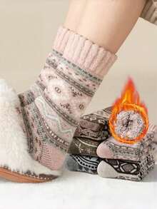 1 Pair/5 Pairs Women's New Autumn/Winter Thick Warm Retro Geometric Pattern Socks, Unisex Couples Design, Fashion Versatile Mid-Calf Socks - Multicolor - View 4