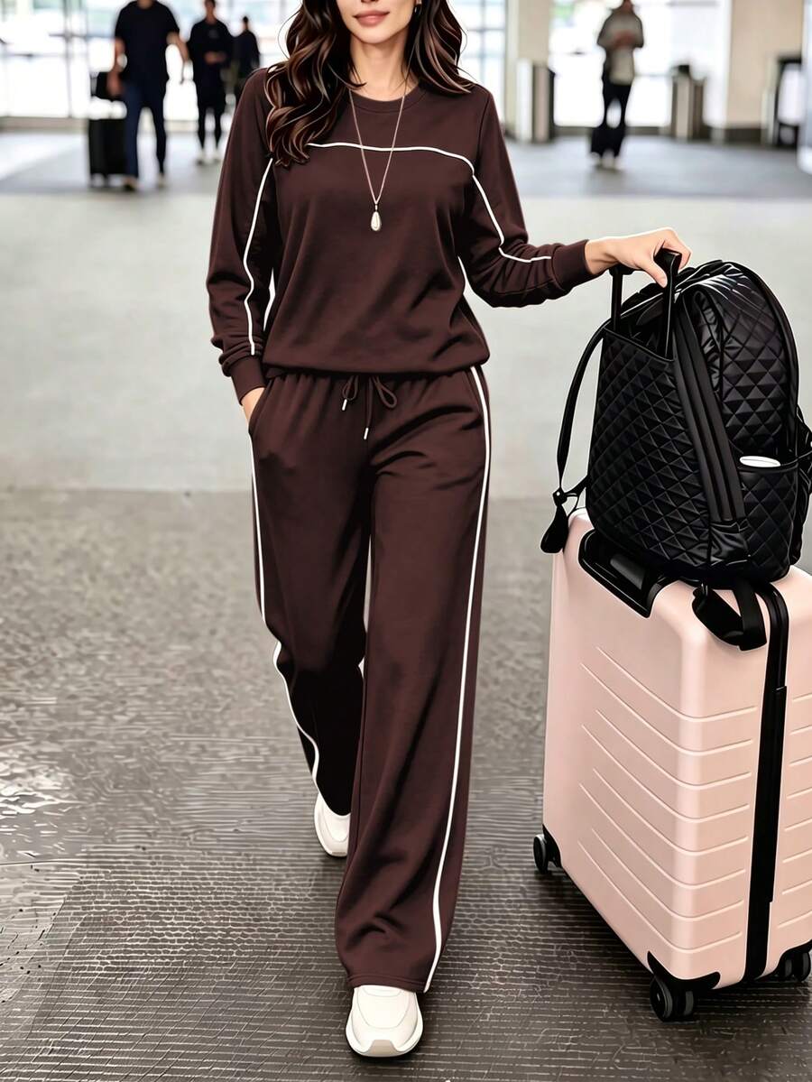 女款秋季休閒運動風拼色條紋側邊長袖T恤+寬鬆寬腿褲套裝,返校季 - 深棕色 - 查看 1