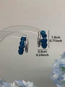 1 Pair Fashion Vintage Royal Blue Beaded Hoop Earrings Suitable For Women's Daily Commute Wear - Silver + Blue - View 7