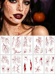 10 Sheets Halloween Blood Vessel Lightning Pattern Temporary Tattoos, Waterproof Realistic Body Arm Face Neck Art Fake Tattoos, Suitable For Halloween Party Role-Playing Temporary Cosplay Body Makeup - Red - View 1