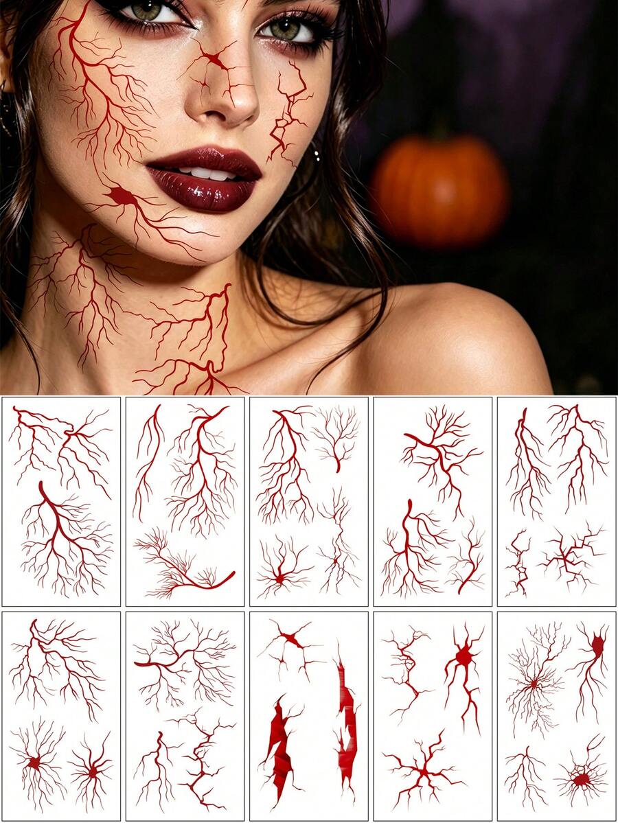 10 Sheets Halloween Blood Vessel Lightning Pattern Temporary Tattoos, Waterproof Realistic Body Arm Face Neck Art Fake Tattoos, Suitable For Halloween Party Role-Playing Temporary Cosplay Body Makeup - Red - View 1