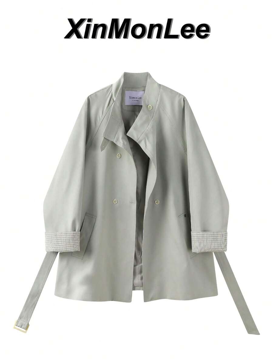 韓式立領簡約優雅風衣外套,鈕扣開襟大衣,適合大學、辦公室、日常、春秋、旅行、休閒度假 - 淺藍色 - 查看 1