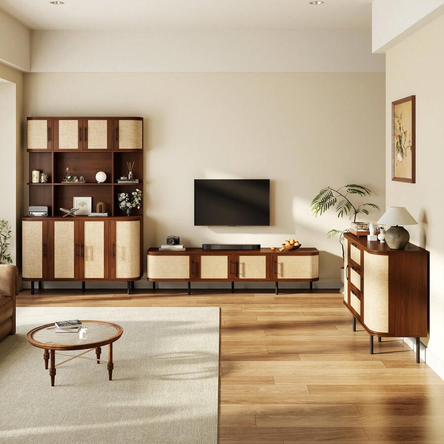 Dining Room Furniture Set With TV Stand, Sideboard, And Display Cabinet, MDF Body, Slatted Front, Black Handles, And Metal Legs – Modern Living Room Set - Walnut - View 1