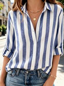 Women Linen Button Down Shirts Wide Striped Roll Up Sleeve Casual Collared Blouse Lightweight Work Tops - Blue - View 3