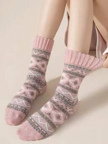 5 Pairs Random Women's Autumn/Winter Thickened Fleece Terry Retro Comfortable Warm Mid-Calf Socks - Multicolor - View 10