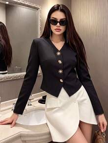 Women V‑Neck Decorative Metal Button Cropped Blazer, Elegant Long Sleeve Fitted Office Commuter Suit Jacket - Black - View 8